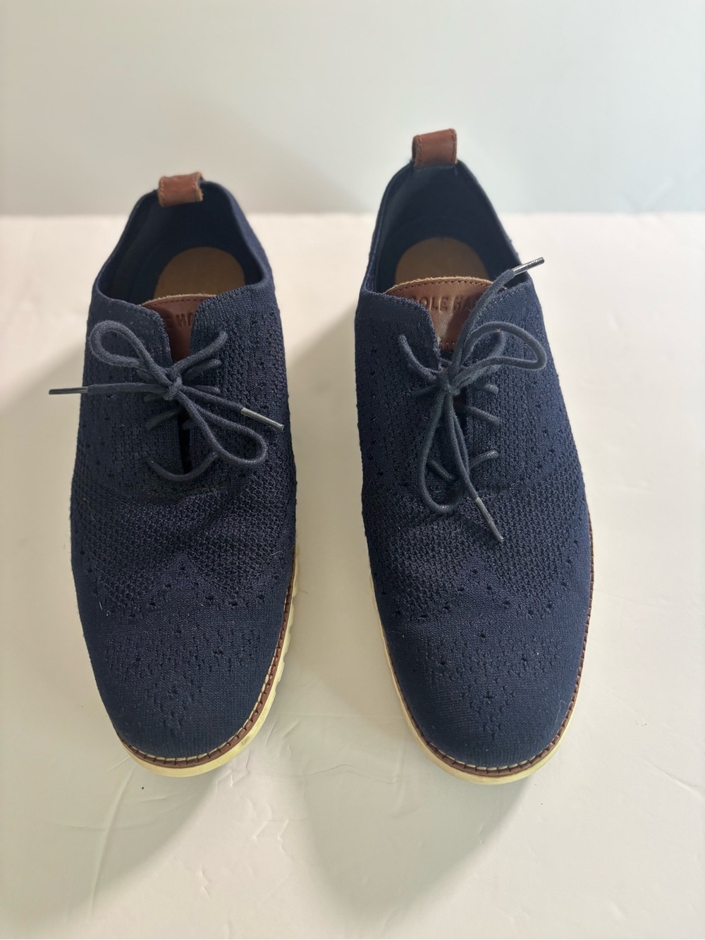 Cole Haan Navy Knit Wingtip Derby with Brown Accents